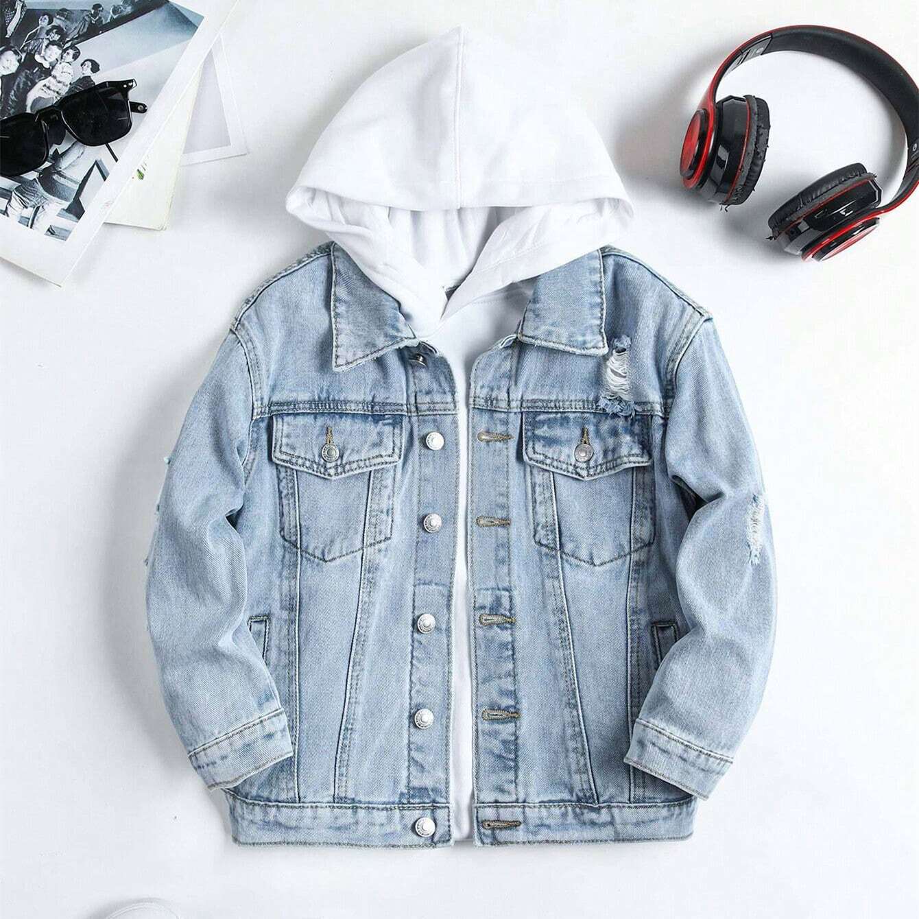 Boys' Broken Hole Denim Jacket With Slogan Print