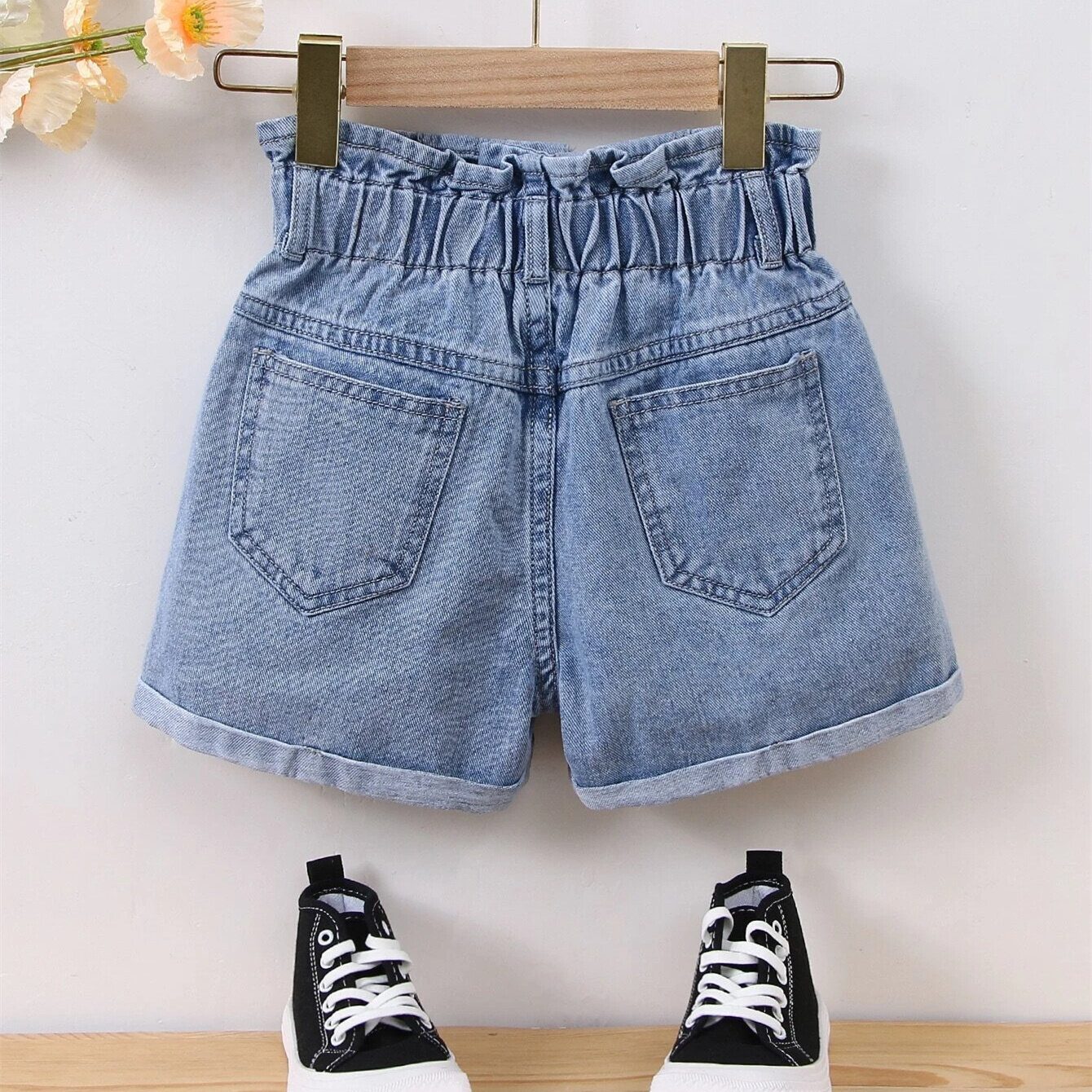 Tween Girl Paperbag Waist Roll Hem Denim Shorts