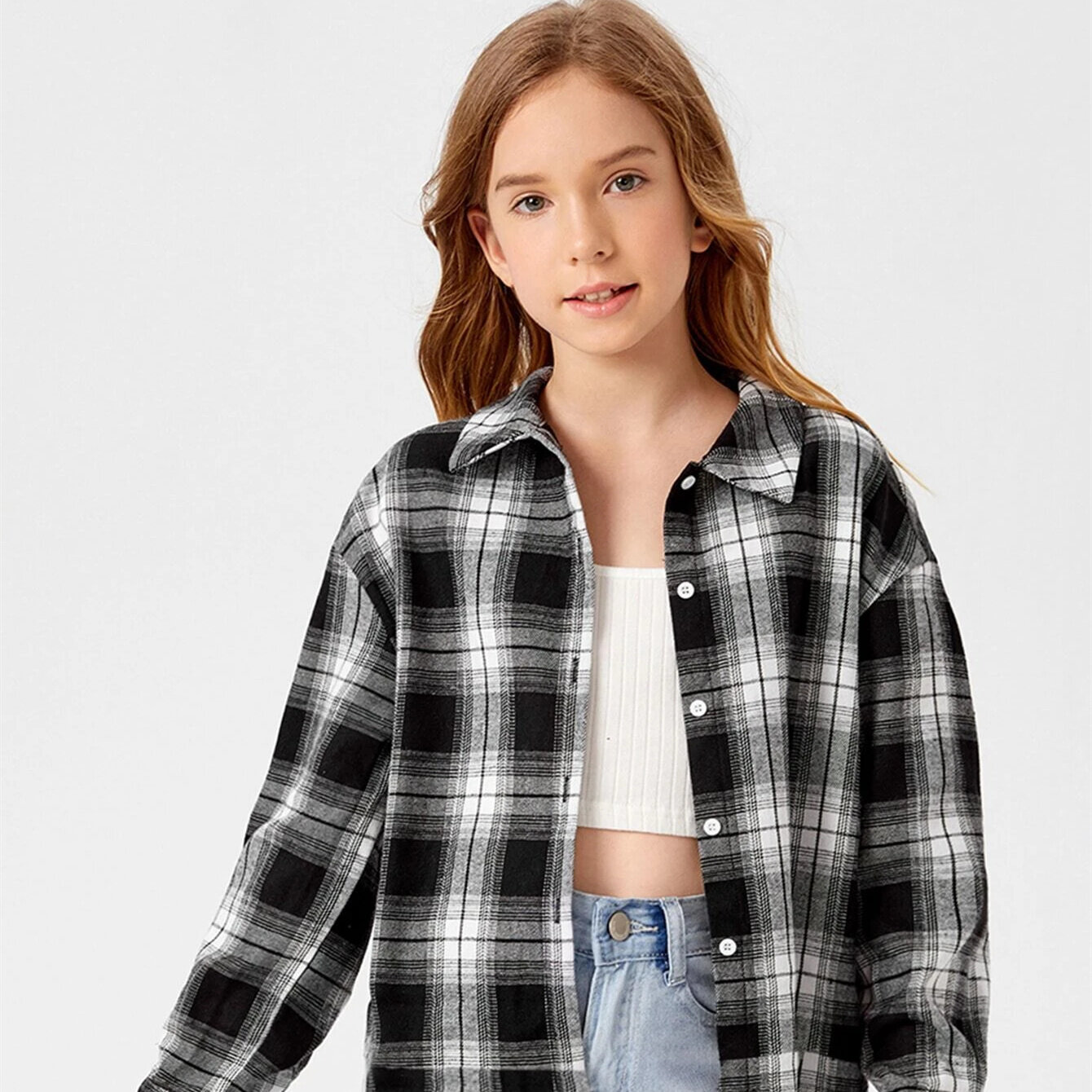 Tween Girl Plaid Drop Shoulder Blouse