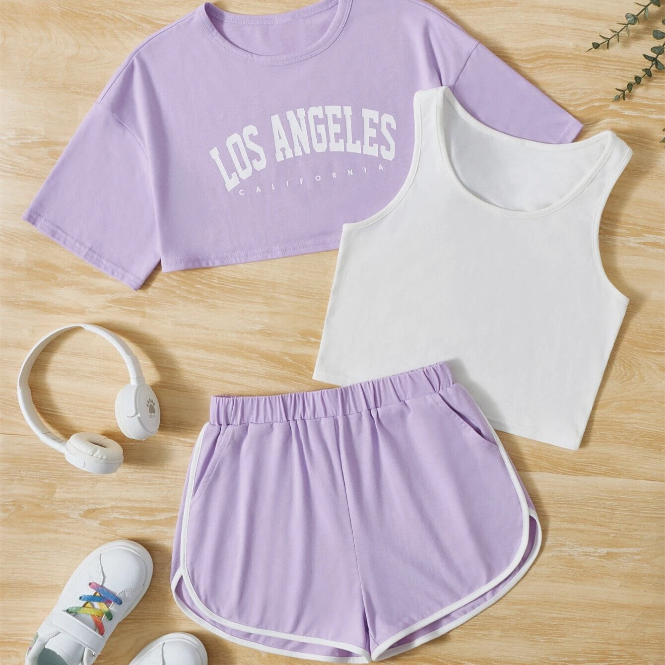 Teen Girls Letter Graphic Tee & Tank Top & Contrast Binding Shorts