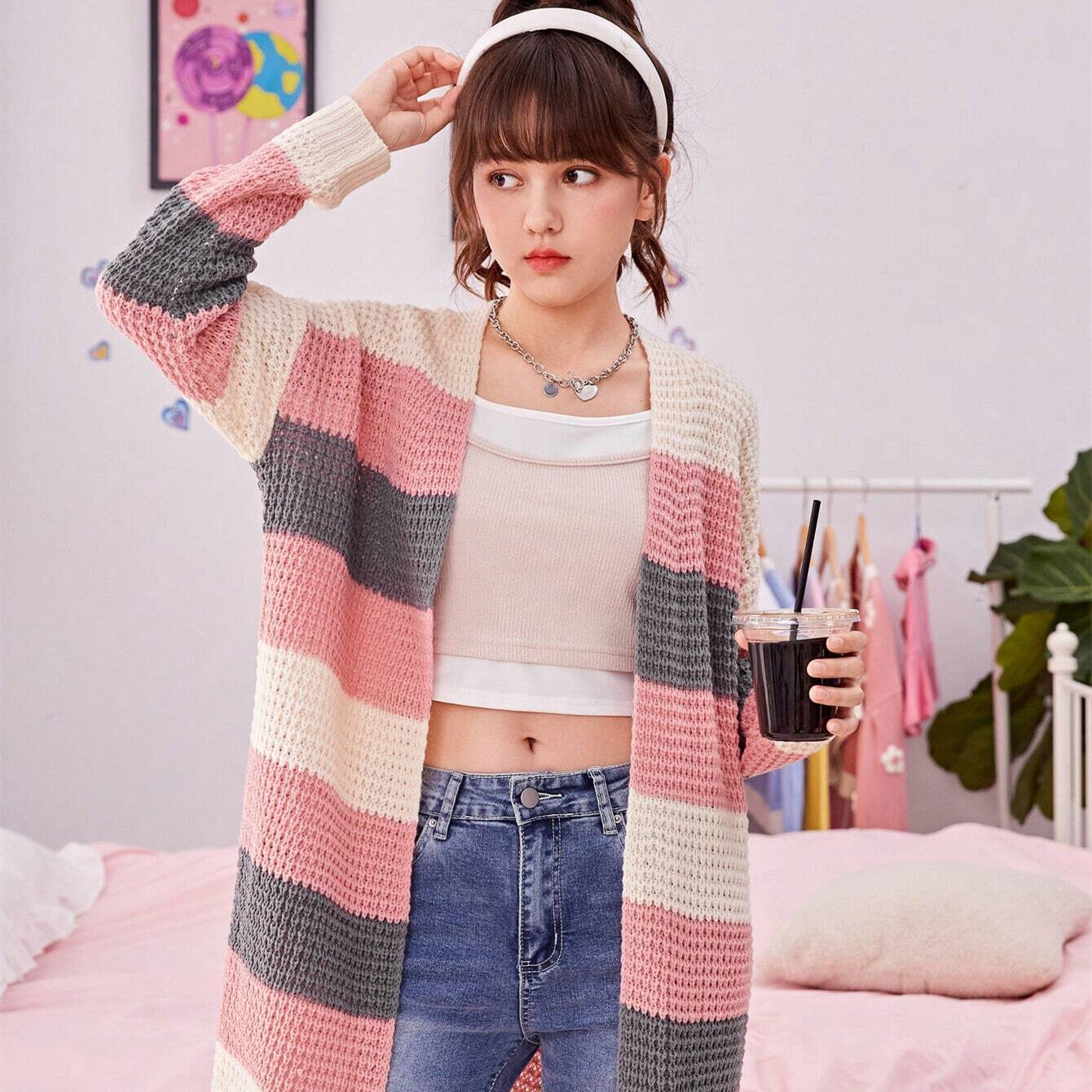 Teen Girl 1pc Colorblock Drop Shoulder Open Front Cardigan