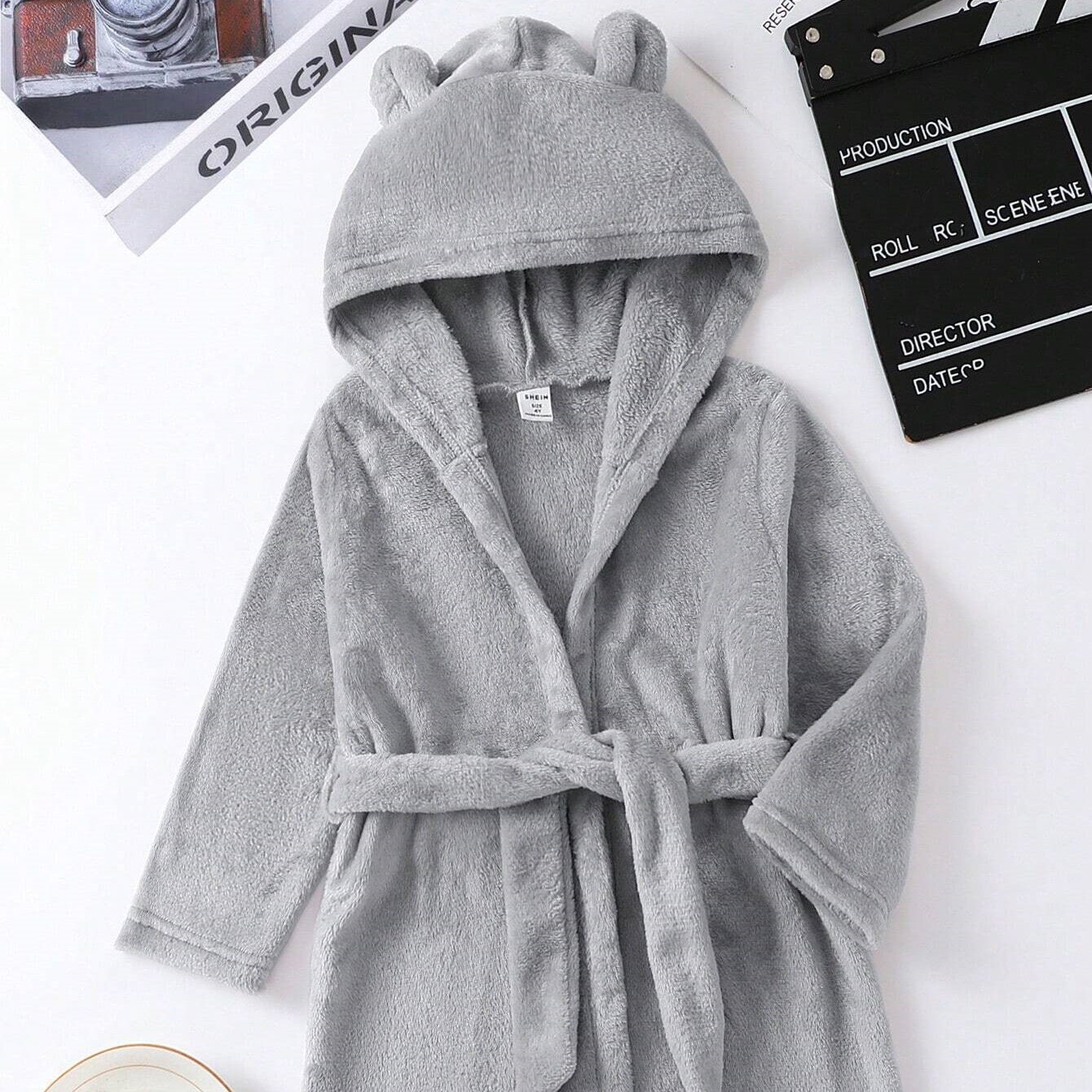 Young Boy Belted 3D Ear Design Hooded Flannel Robe