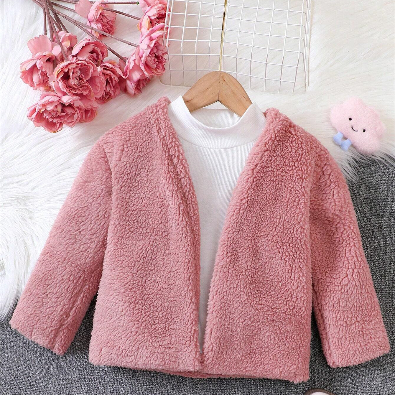 Young Girl 1pc Open Front Teddy Coat