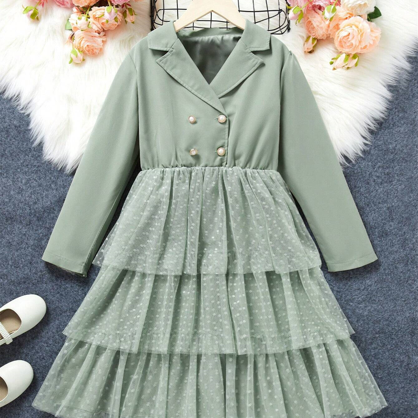 Girls' Elegant Suit Collar Sheer Woven Mesh Festive Dress