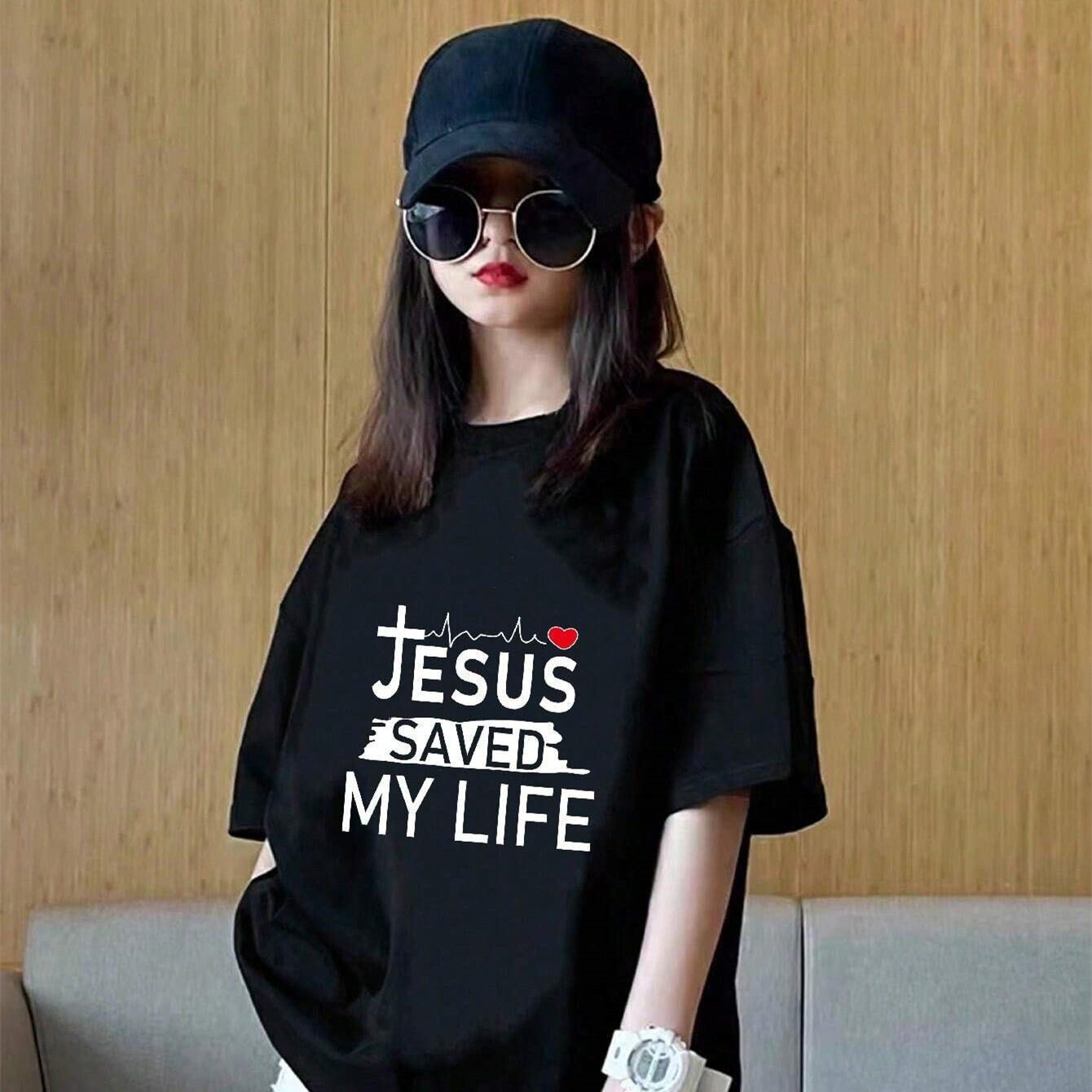 Tween Girl New Summer Heart Slogan Printed Black Short-Sleeve T-Shirt