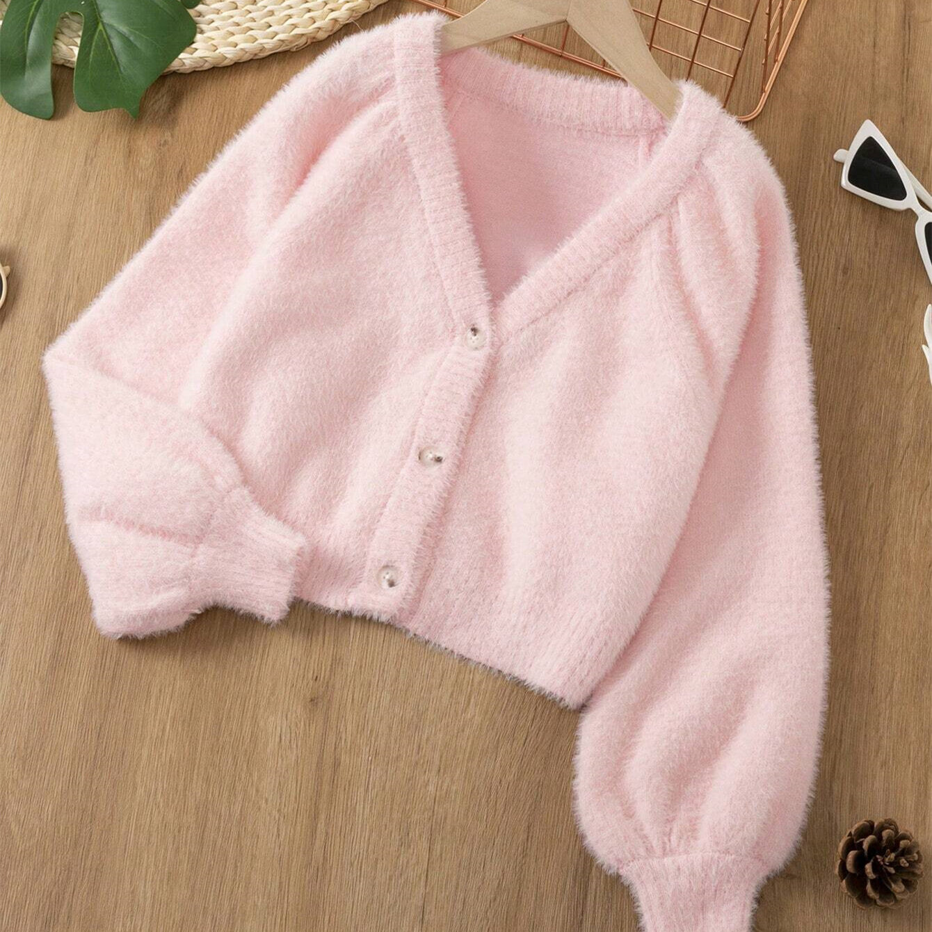 Tween Girl Raglan Sleeve Fluffy Knit Cardigan