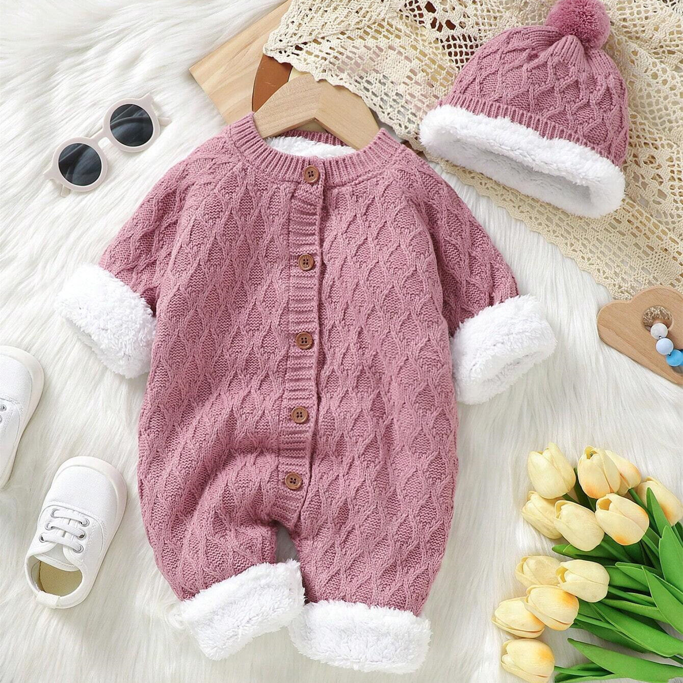 Girls Baby Button Through Thermal Knit Jumpsuit With Hat