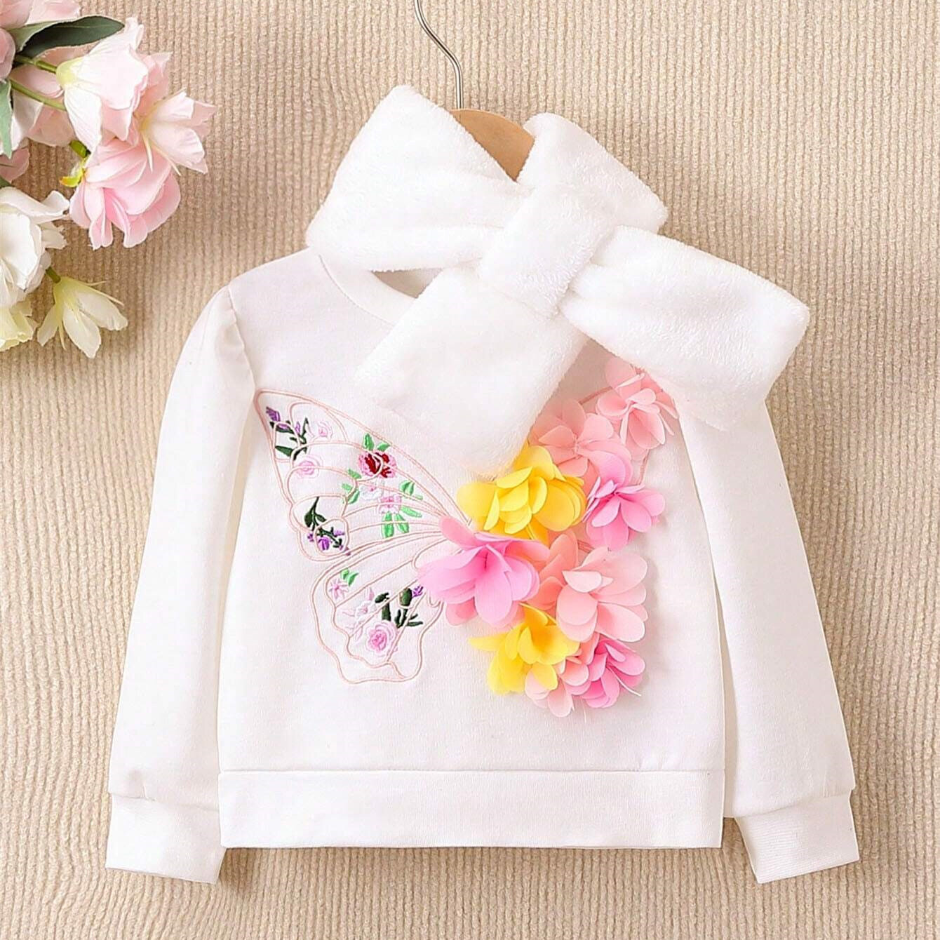 Baby Girl Floral Embroidery Appliques Sweatshirt & Scarf