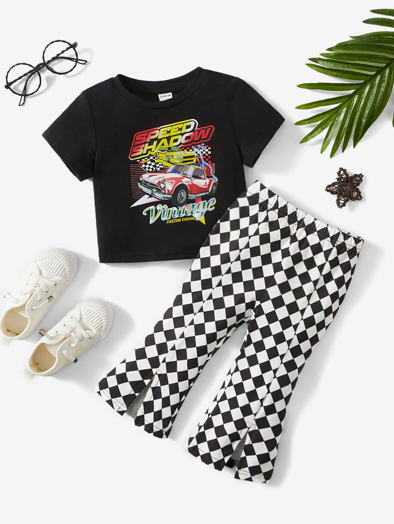 Baby Girl Car & Letter Graphic Tee & Checker Print Split Hem Flare Leg Pants