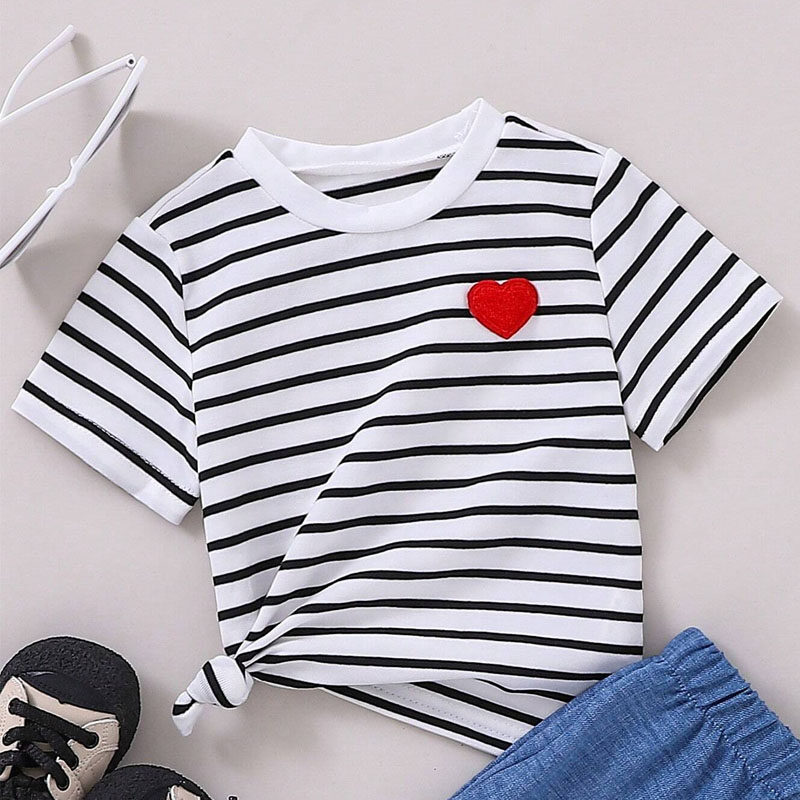 Baby Girl Cute Heart Striped Top And Denim Shorts Set