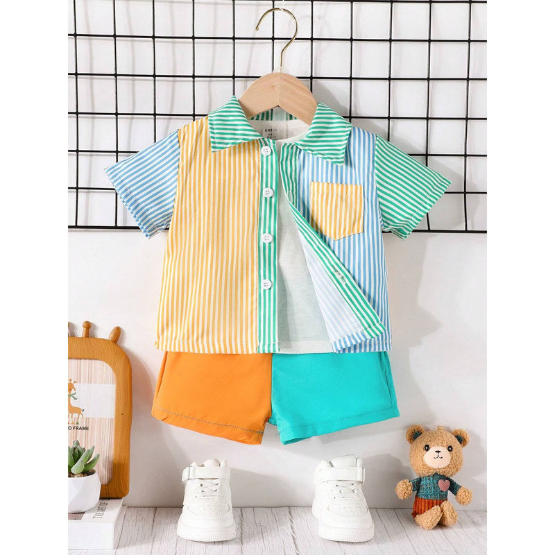 Baby Boy Contrast Color Striped Pocket Front Short Sleeve Shirt And Shorts Set