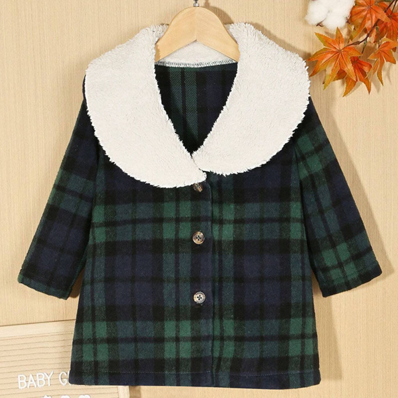 Baby Girl Plaid Print Borg Collar Coat