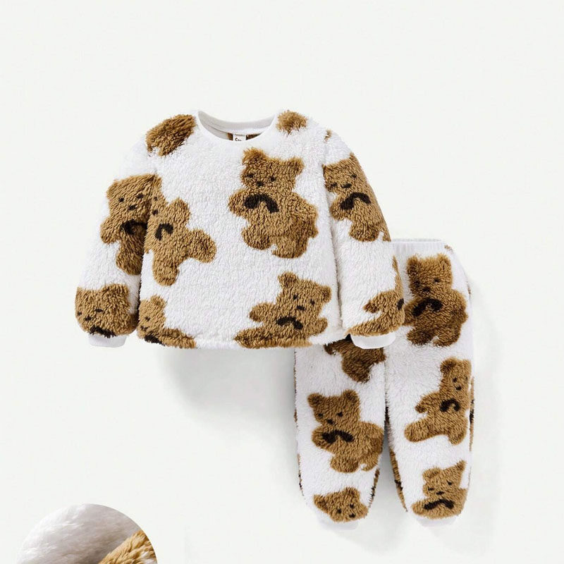 Girls' Bear Patterned Round Neck Long Sleeve Fleece Sweatshirt And Pants Set