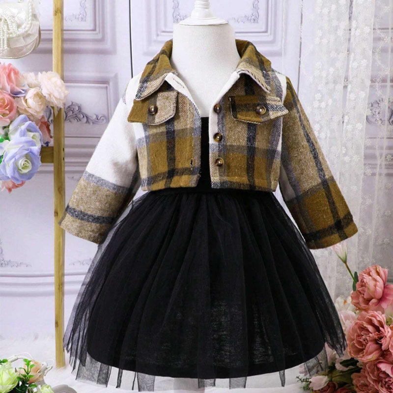 Baby Girl Plaid Print Jacket & Mesh Hem Dress