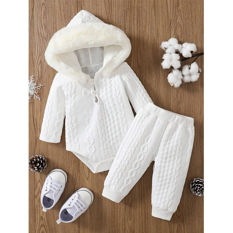 Baby Girl Fuzzy Trim Hooded Bodysuit & Sweatpants