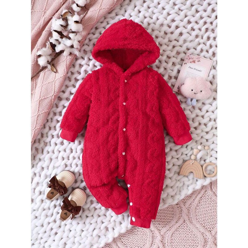 Baby Girl Solid Button Front Hooded Teddy Jumpsuit