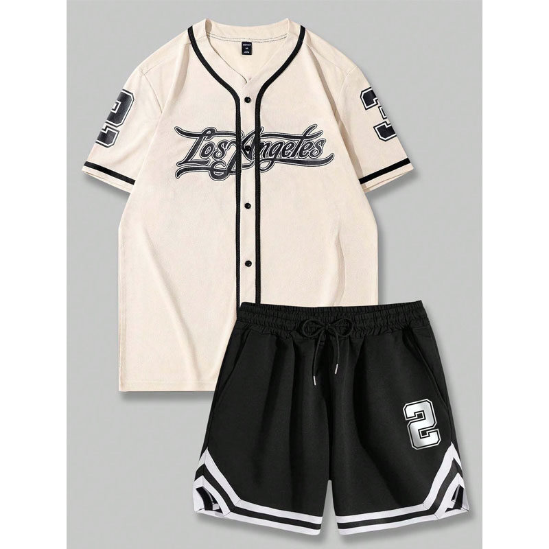 ROMWE Street Life Men Graphic Contrast Trim Shirt & Drawstring Waist Shorts