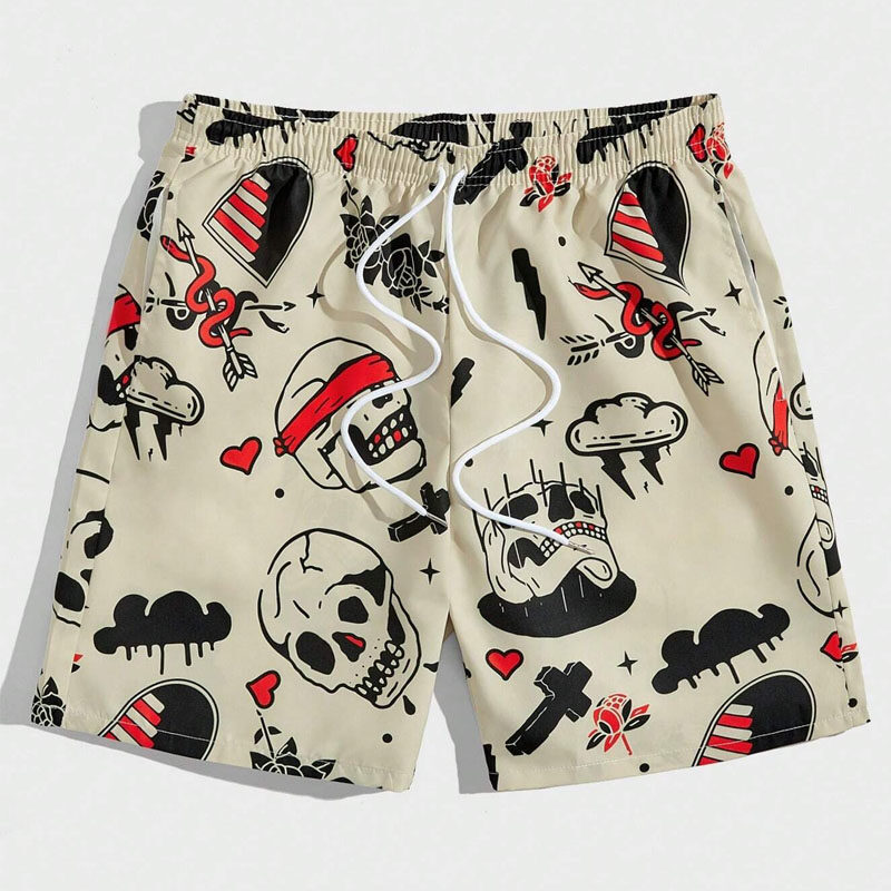 ROMWE Street Life Men Skull & Cross Print Drawstring Waist Shorts