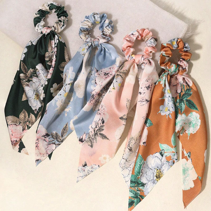 4pcs Floral Print Scarf Hair Tie