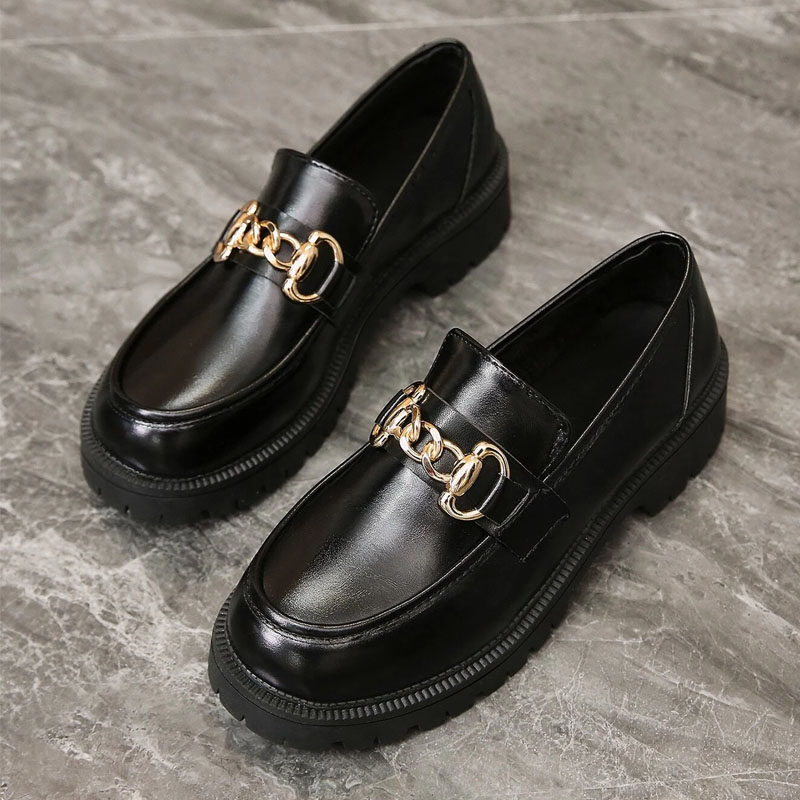 Women Chain Decor Flat Loafers, Preppy Black Flat Shoes