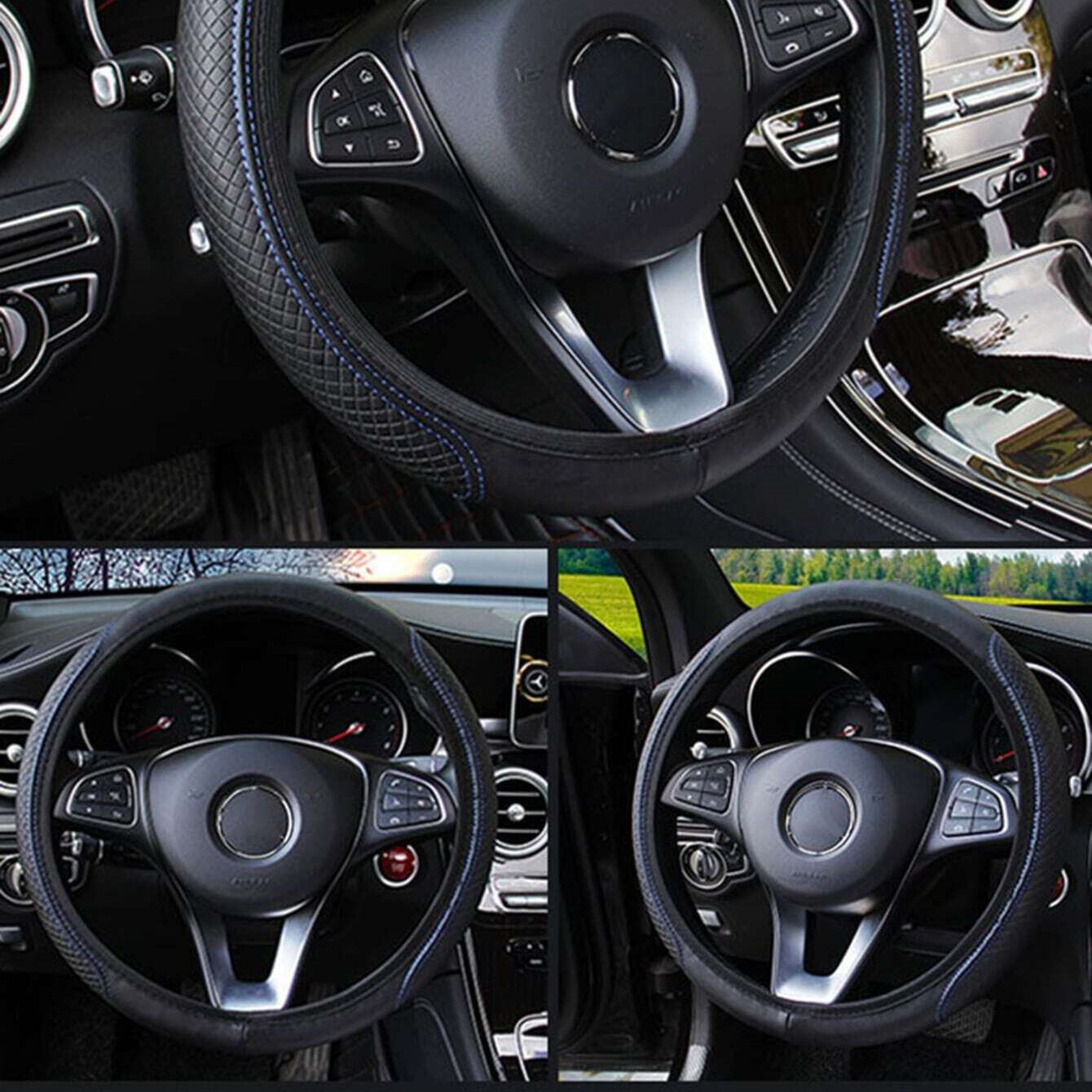 1pc Black & Blue PU Leather Car Steering Wheel Cover