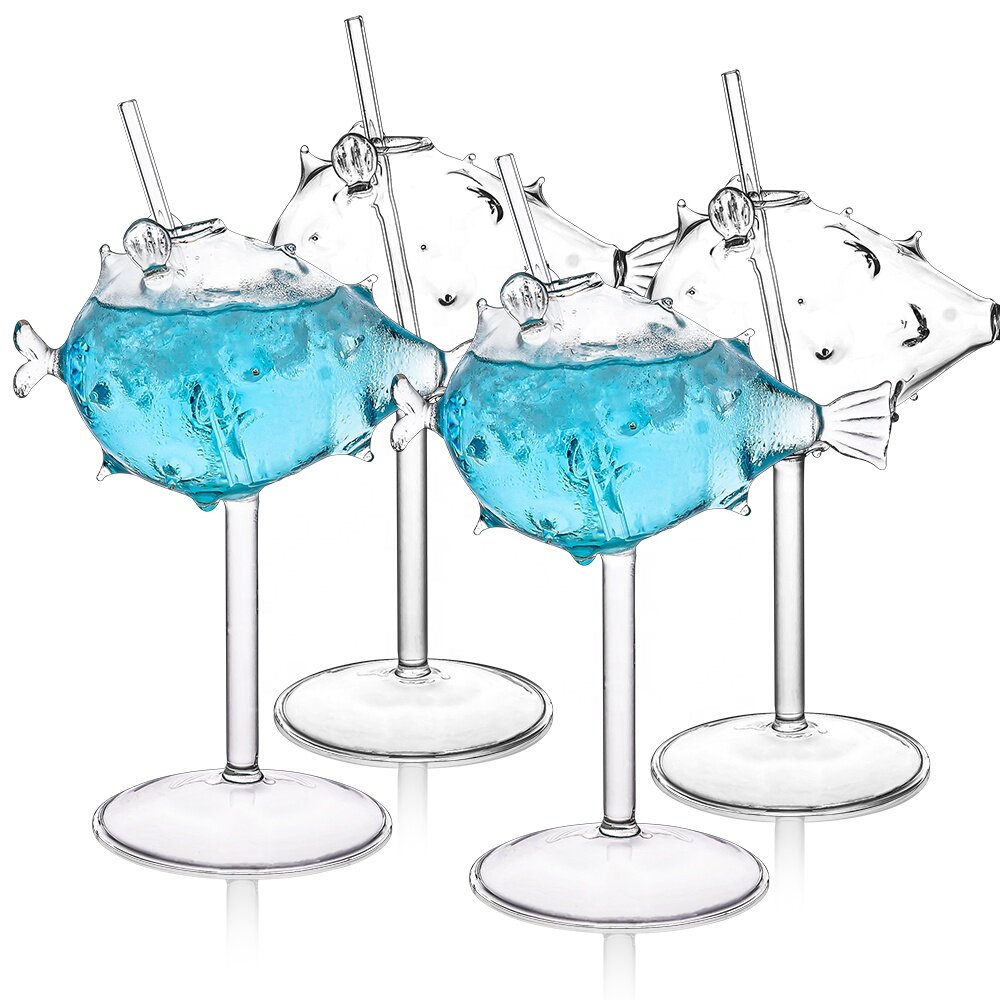 Creative Cocktail Glass Stemmed Wine Goblet 8oz Bar Drinkware Puffer Fish Glasses with Straw