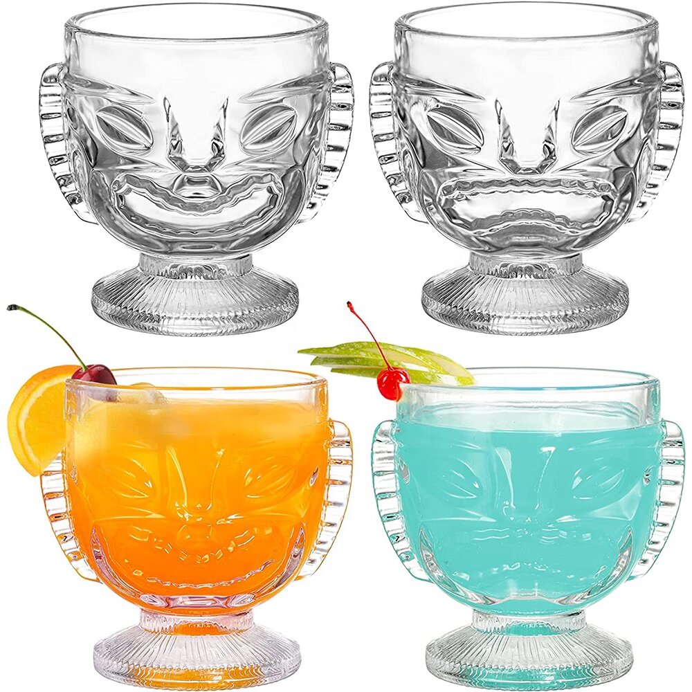 Clear Exotic Bar Cocktail Glasses Juice Cup Double Sided Happy/Sad Face 13.5oz Tiki Glass