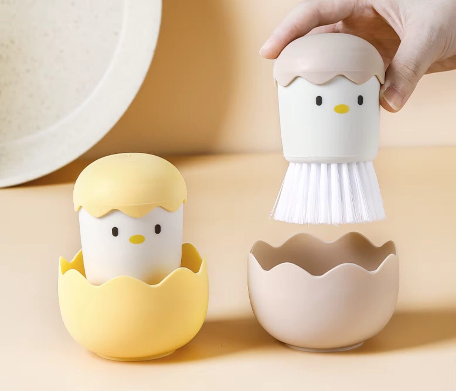 Creative Cartoon Eggshell Chicken Palm Scrub Brush Pot Washing Brush with Stand Base Kitchen Cleaning Steel Wool Brush Ball