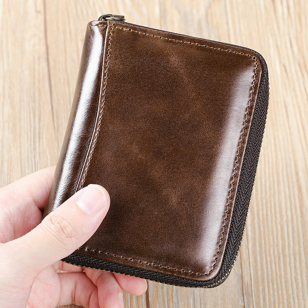 NIUCUNZH Men Wallet Genuine Leather RFID Blocking Zipper Card Holder Wallet Coin Pocket Purse Leather Wallet for Men