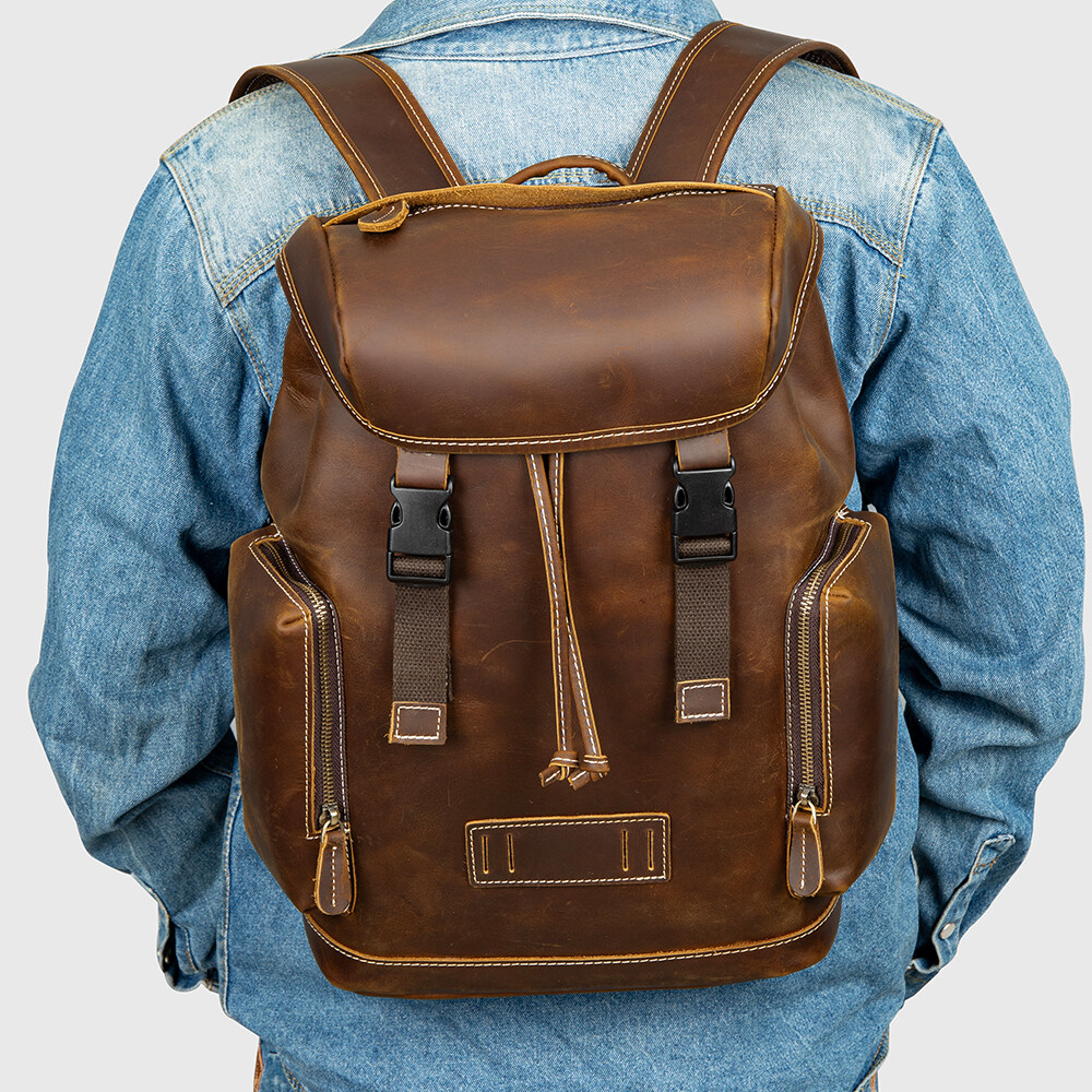 NIUCUNZH Luxury Crazy Horse Leather Backpack Men Waterproof Travel Laptop School Backpack Genuine Leather Backpack for Men