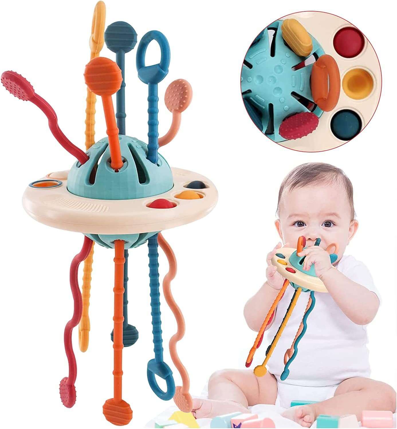 Baby Sensory Montessori Silicone Toy Travel UFO Pull String Activity Toy For Toddlers,Montessori Toys for Babies 6-12 Months, Baby Sensory Toys, Silicone Pull String Activity Toy for Toddlers Bpa Free,Silicone Sky Frisbee Cheer Teether,Silicone Baby Dinosaur Bracelet Teether Toys,Silicone Baby Bracelet Sky Teether