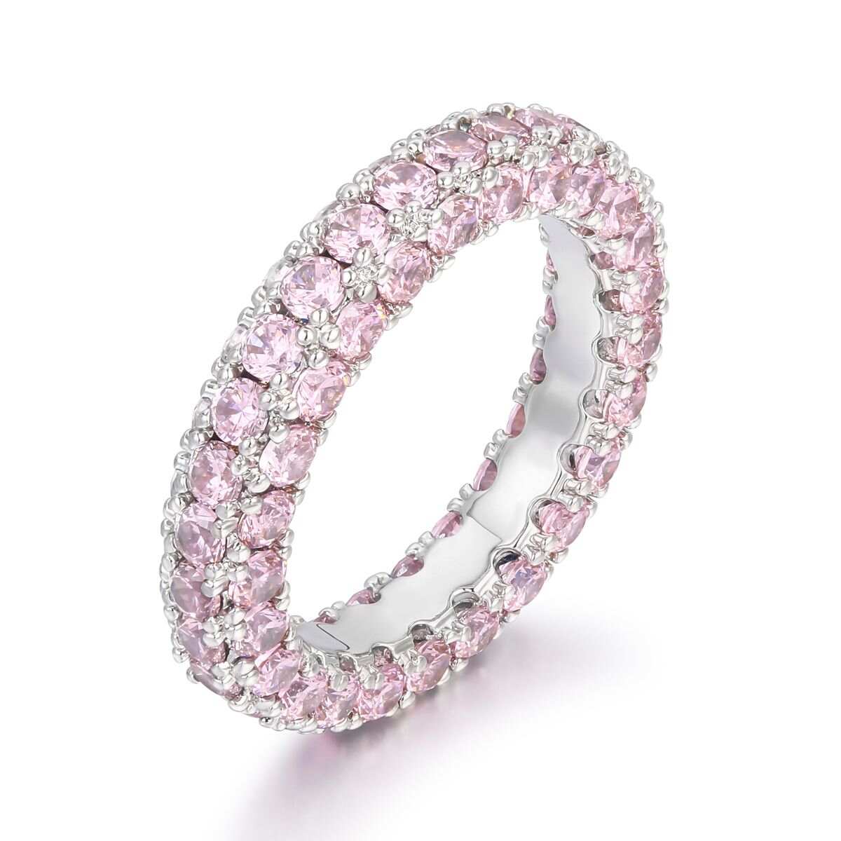 Pink Zircon Eternity Wedding Rings - Silver Plated