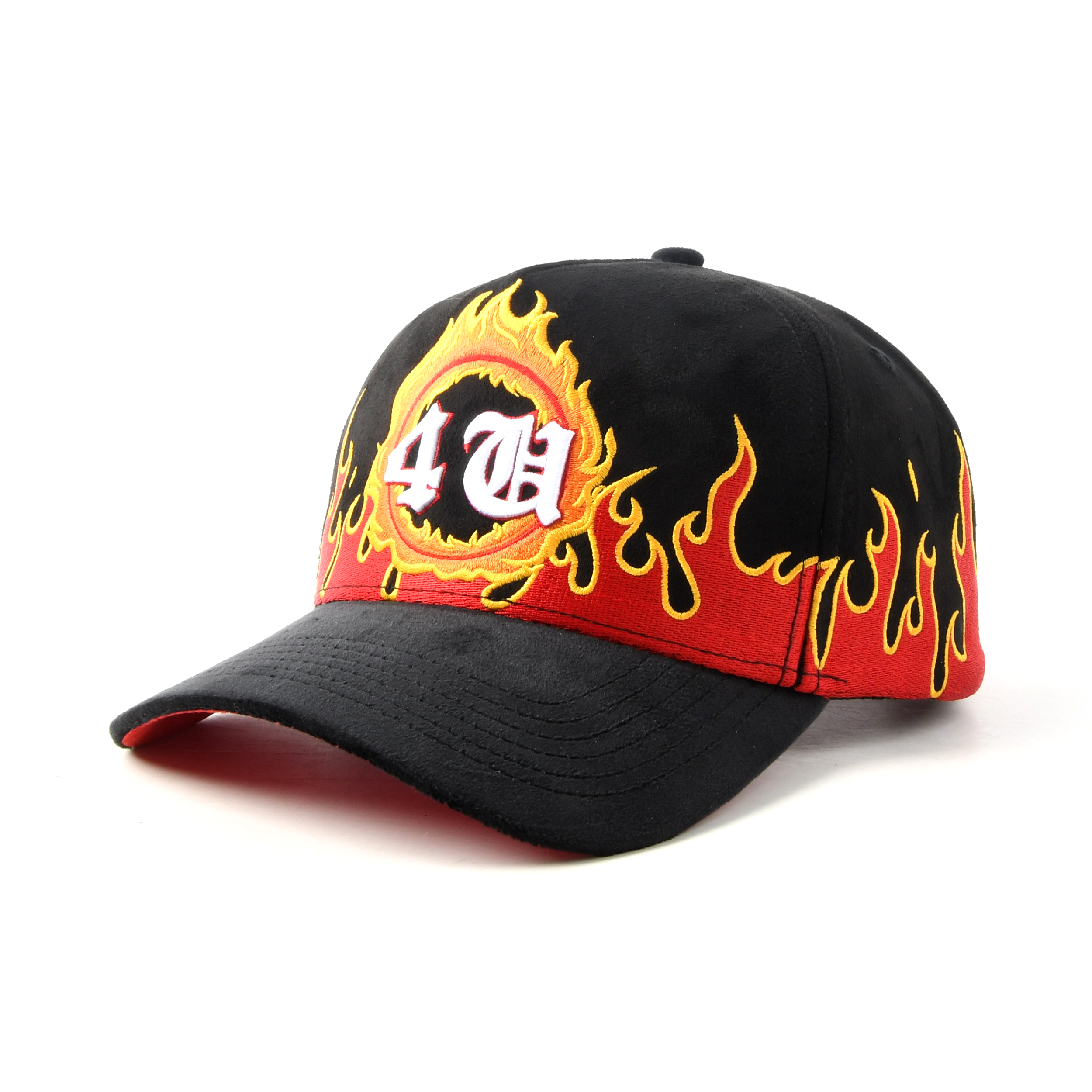 Wholesale Unisex Adjustable suede 5 Panel flame Baseball Hat Custom Embroidery Logo