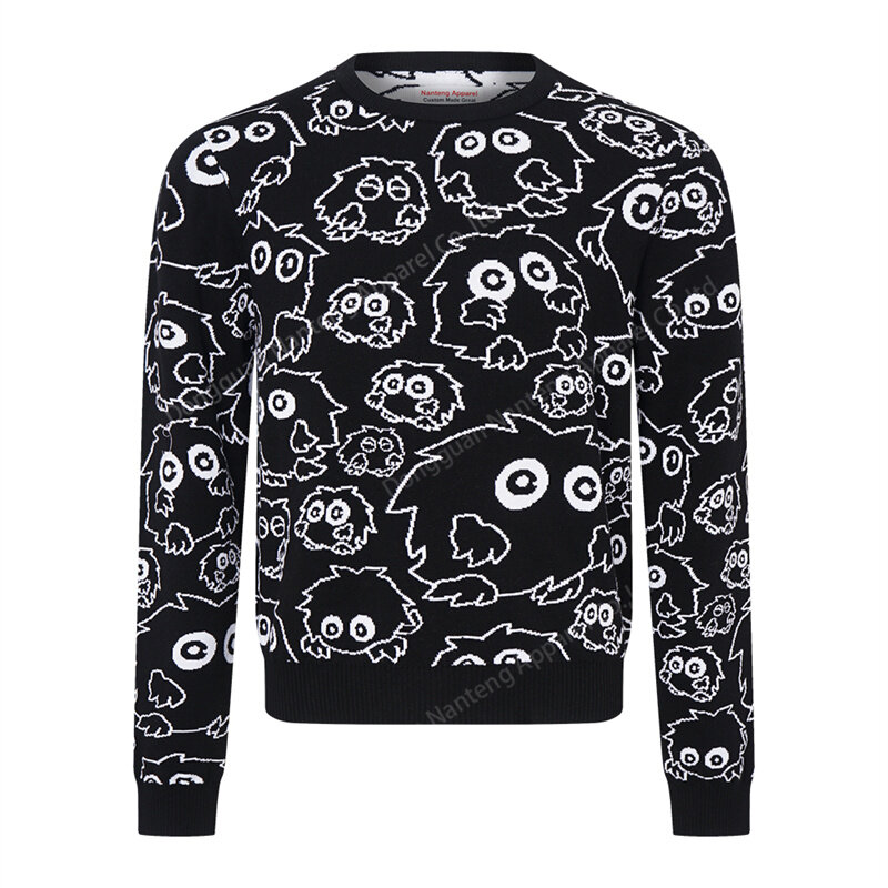 Custom Crew Neck Black Cartoon Print Jacquard Knit Acrylic Cotton Blend Men Pullover Sweater