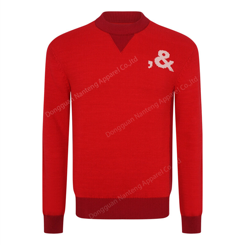 Custom Crew Neck Knitwear Long Sleeve Logo Red Jacquard 100%Cotton Men Pullover Sweater