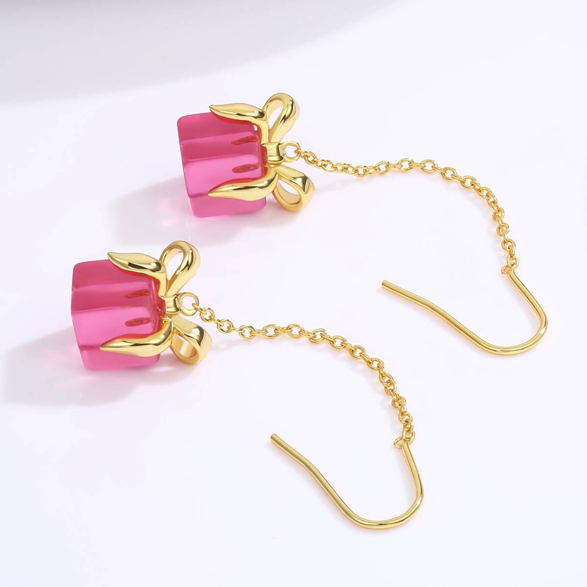 Christmas earrings, Brass pink bow earrings, Holiday gift earrings