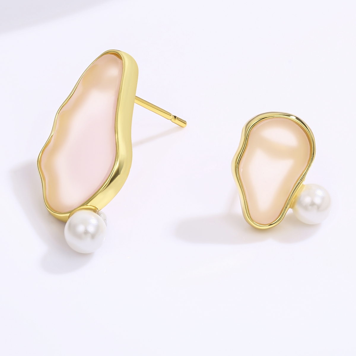 1. Pink irregular mother of pearl earrings,  Pearl design brass earrings,  Handcrafted vintage charm earrings