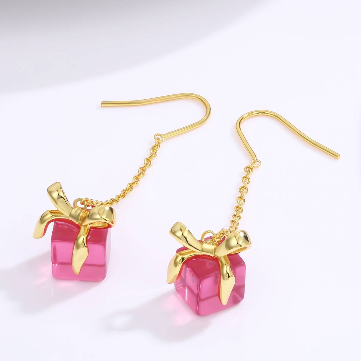 Christmas earrings, Brass pink bow earrings, Holiday gift earrings