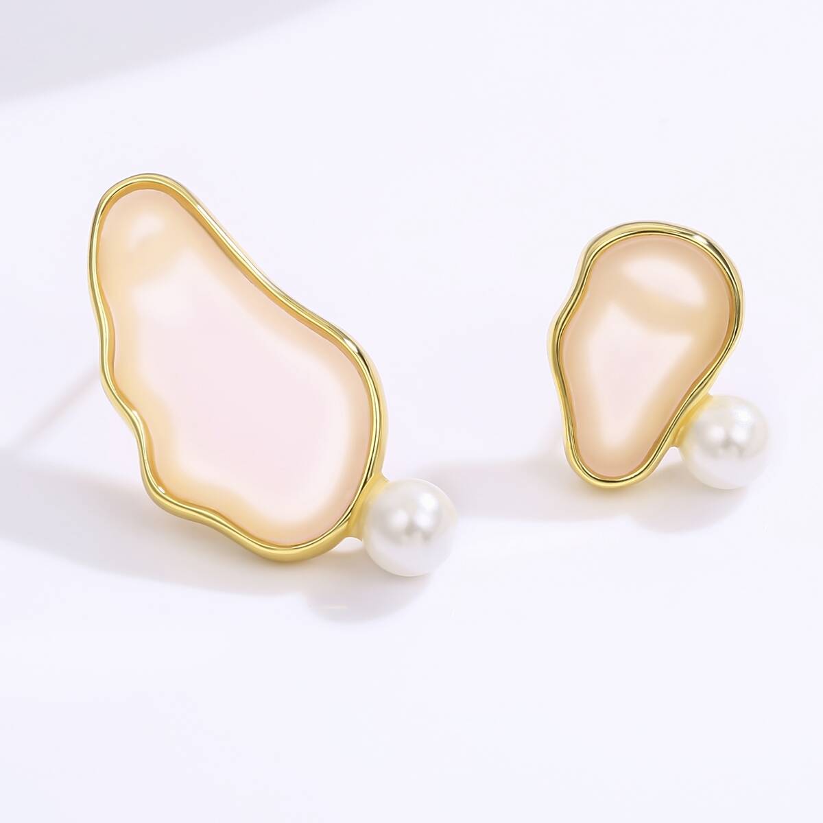 1. Pink irregular mother of pearl earrings,  Pearl design brass earrings,  Handcrafted vintage charm earrings