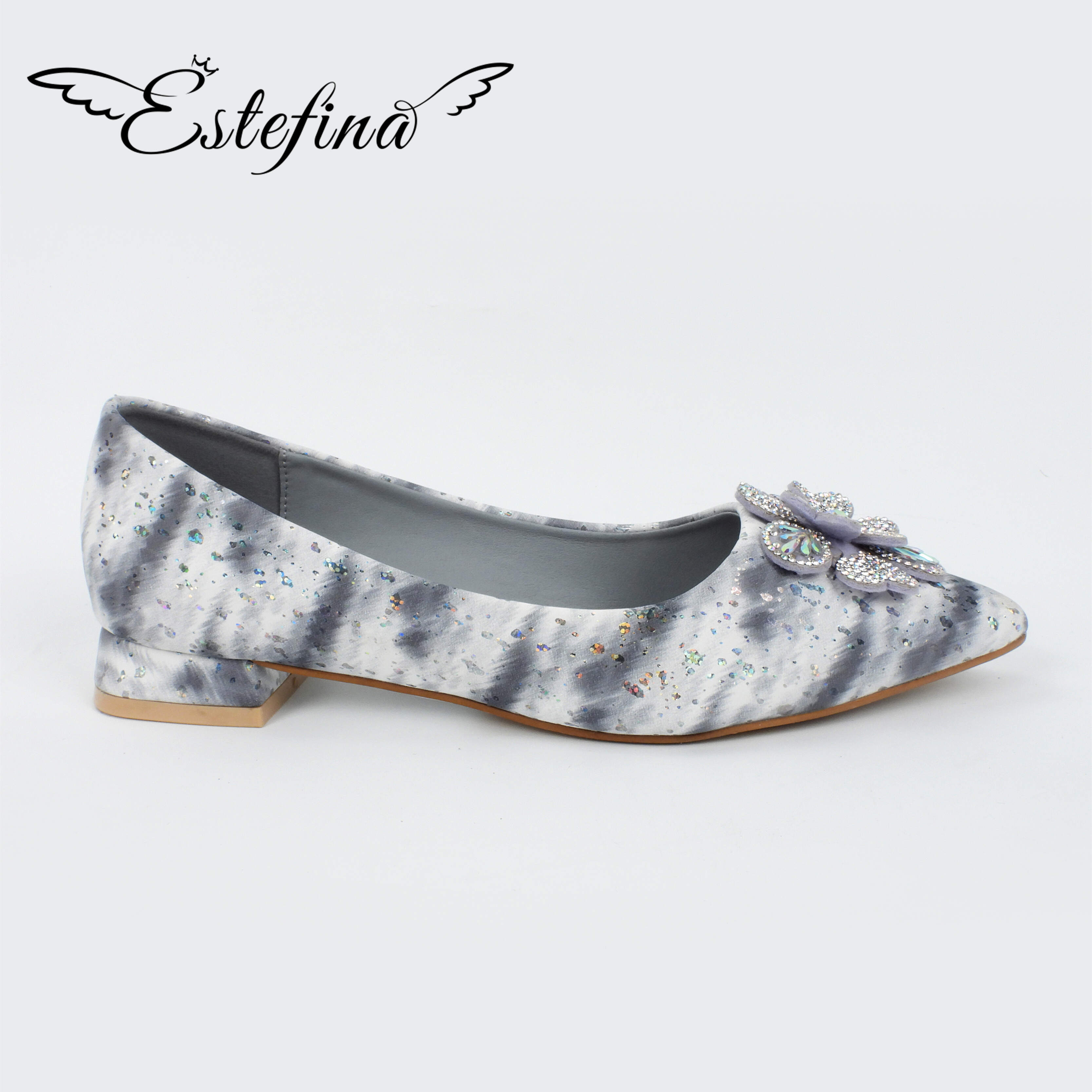 Estefina Gray Rendered Glitter Snowflake Short Heeled Shoes