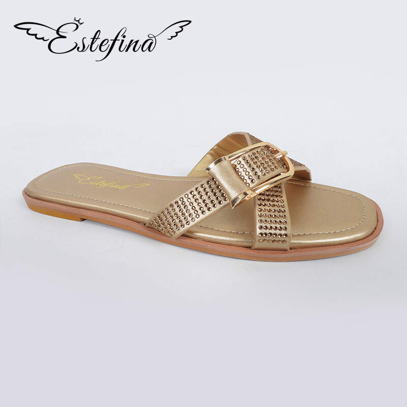 Estefina Cross Design Rhinestone and Metal Buckle Flat Slippers