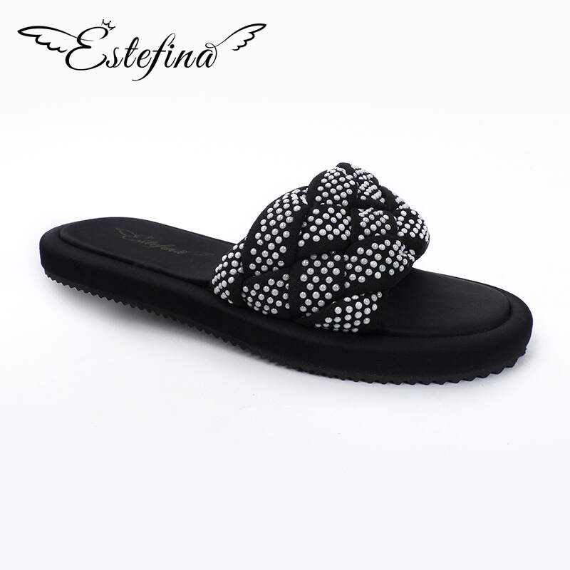 Estefina Skin-friendly Suede Fabric Woven with White Beads Flat Thick Slippers