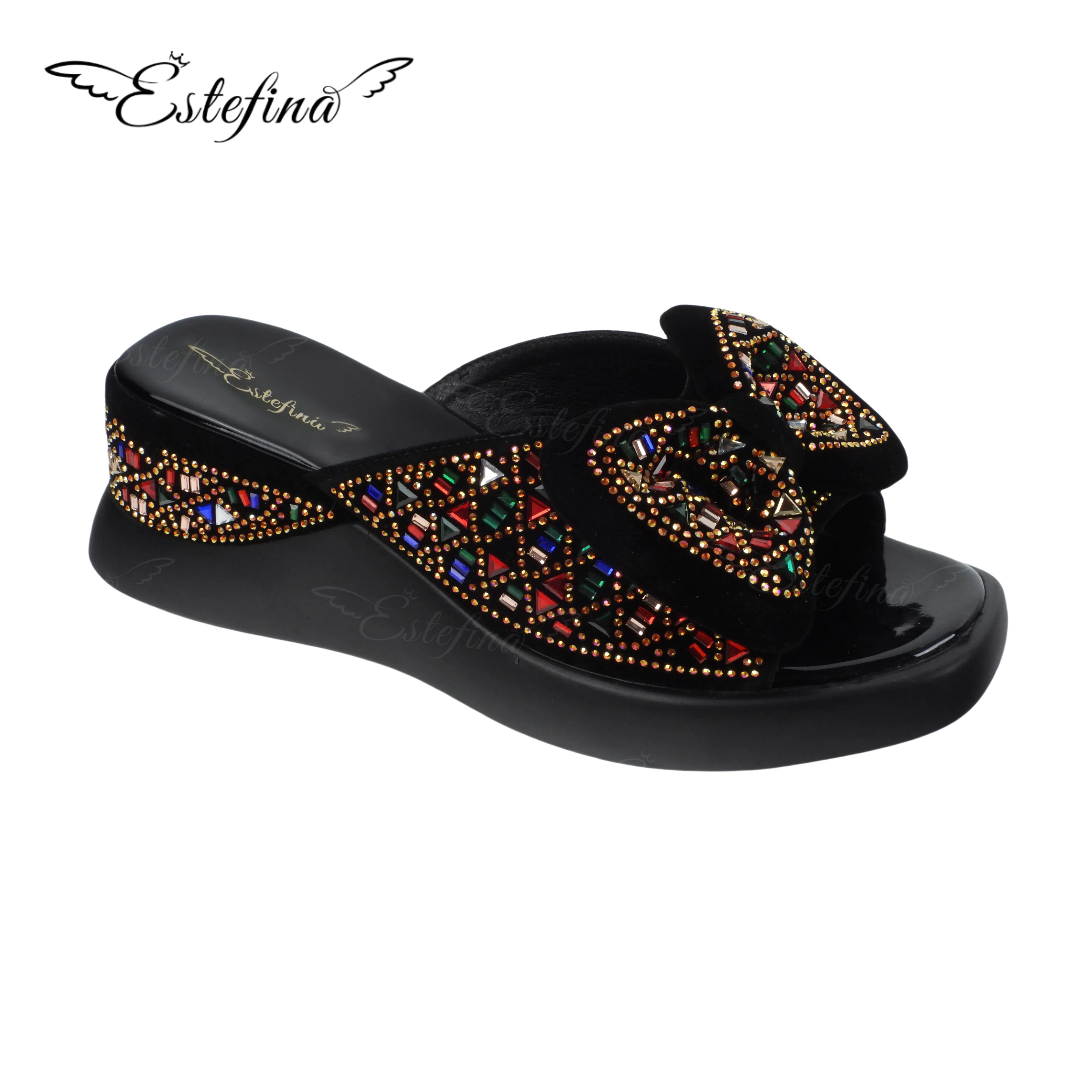 Estefina Bow Full Rhinestone Wedge Sandals