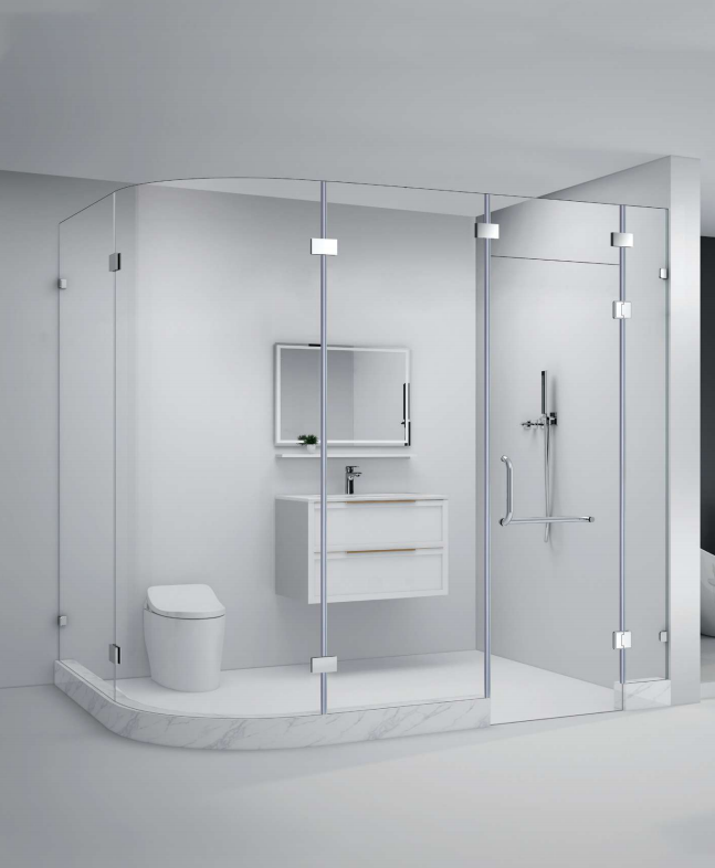 Integral glass hinged bathroom