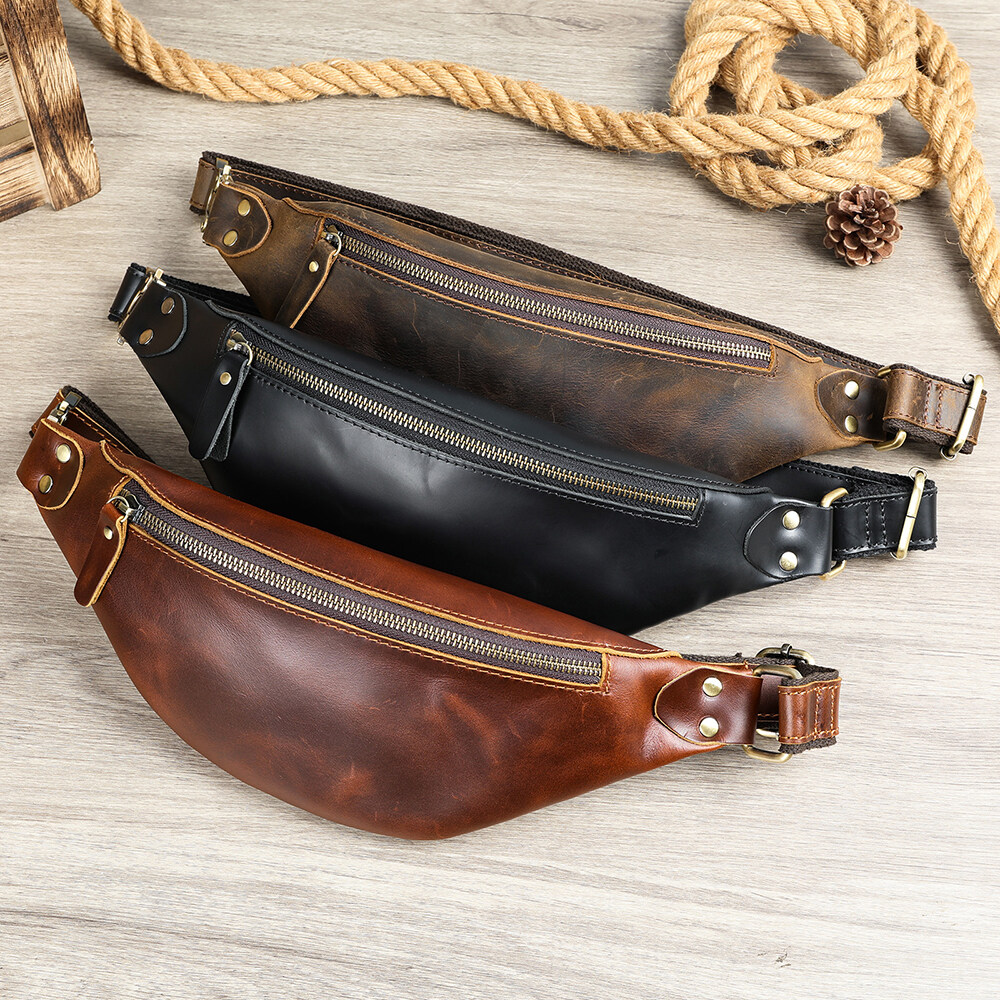 NIUCUNZH Men Crazy Horse Genuine Leather Slim Waist Bag Hiking Shoulder Daypack Crossbody Chest Sling Bags Leather Fanny Pack