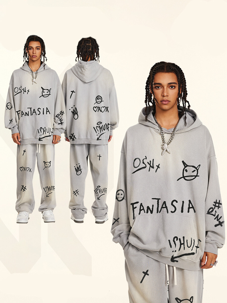 Custom Logo Men Pullover Acid Wash Hoodie & Sweatpants