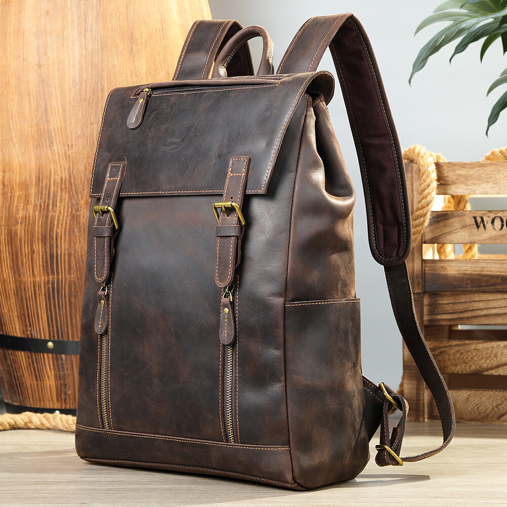 NIUCUNZH Vintage Crazy Horse Leather Outdoor Travel Backpack Men Large Capacity Laptop Backpack Genuine Leather Backpack for Men