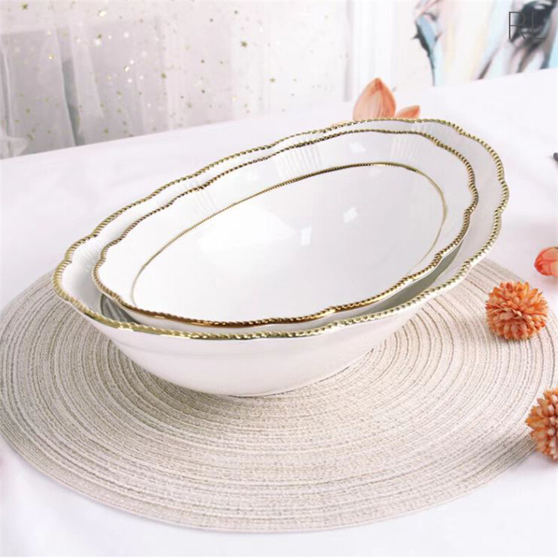 white with gold rim dinner set, ceramic dishes, restaurant quality dinnerware