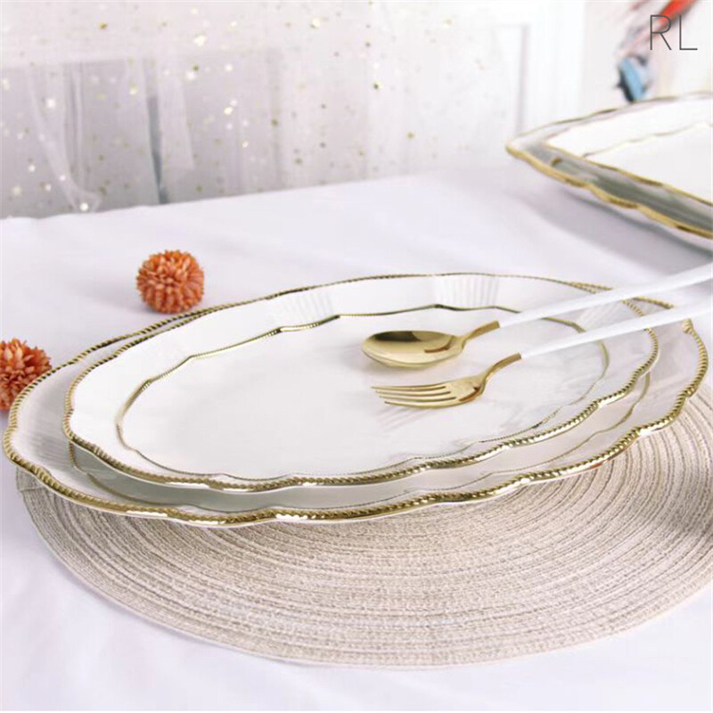 white with gold rim dinner set, ceramic dishes, restaurant quality dinnerware