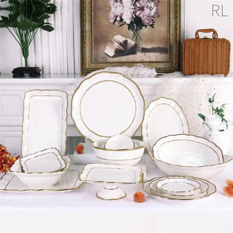 white with gold rim dinner set, ceramic dishes, restaurant quality dinnerware